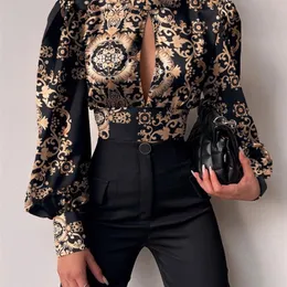 Elegancka damska bluzka swobodna barokowa nadruk Puff Lantern Backless Top Gon -Sleeve Partyjne koszulki Femme Workwear 220722