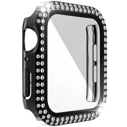 Apple Watch 용 Double Row Diamond Case 38mm 42mm 40mm 44mm 44mm 45mm 41mm PC 강화 유리 필름 전체 스크린 여성 보호자 Iwatch 시리즈 6 5 4 3 SE