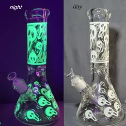 Rauchen Shisha Glow in The Dark Becher Bong Dab Rig Glas Wasserpfeife Totenkopf Aufkleber 14mm Verbindungsrohre mit Schüssel zum Rauchen