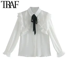 Traf Women Fashion with Bow Ruffled ButtonUp Bluzki Vintage Long Rleeve Boczne otwory wentylacyjne żeńskie koszule szykowne topy 210401