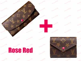 قطعتان من محافظ المصمم الكلاسيكية عالية الجودة للسيدات حقائب حامل بطاقات الائتمان موضة قصيرة وطويلة باللون الأحمر الوردي