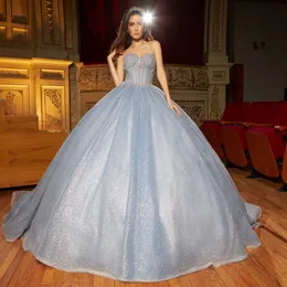 Silver Beaded Quinceanera Dresses Sexy Spaghetti Neck Ball Gown Crystal Sweet 16 Dress Party Wear Prom Evening Gowns