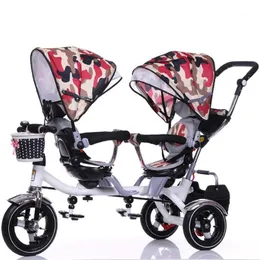 Partihandel-Double Barnvagn Barncykel Sittplatser Baby Tricycle för tvillingar Fällande Tre Hjul Barnstolar