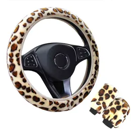 Leopard Print Plush Car Steering Wheel 3738 Cm 145 "15" Gear Cover Hand Brake Cover Braid on Steering Wheel Wrap Protective J220808