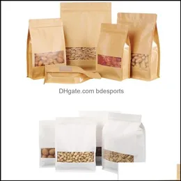 Förpackningsväskor Office School Business Industrial Kraft Paper Bag Återanvändbar Stand Up Storage Pouch -paket med fönster för förvaring av snacks te