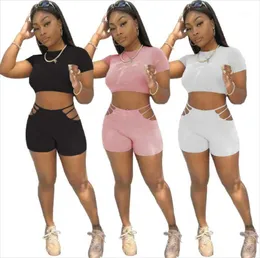 Kvinnors träningsdräkter Rstylish Fashion Women Set Solid Short Sleeve Crop Tops Hole Strechy Biker Shorts Summer 2022 Två bitkläder