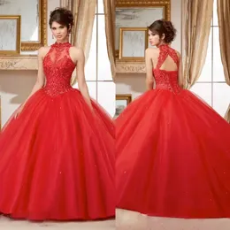 Festival-Quinceanera-Kleider aus rotem Tüll 2022, hoher Kragen, Applikation, Schnürung am Rücken, süßes 16-Kleid, Maskerade, formelle Kleider