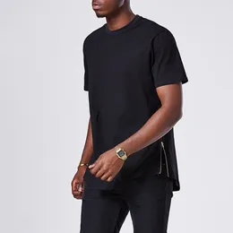 Solid Curved Hem T-shirts Men Longline Extended tee Side zipper Hip Hop Tshirts Urban Kpop Tee Shirts Male Clothing