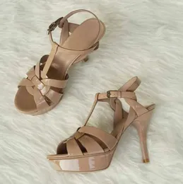 Damen-High-Heels-Sandale aus nacktem Lackleder, sexy Tribute 105-Plateau-Sandalen aus Lackleder, Luxus-Designer-Schuhe, Größe 35–43