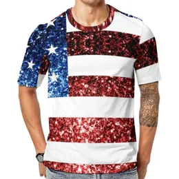 T-shirts masculinos bandeira americana Bandeira vermelha azul shirt faux brilhos brilho