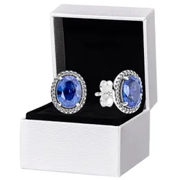 Pretty Women Blue Statement Halo Stud Örhängen Äkta 925 Sterling Silver Originalbox för Pandora Bröllopssmycken Örhängen set