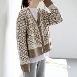 Aiujxk Autumn Winter Fashion Argyle Cardigan Women Vintage Sweaters Långärmning Stickade kläder Löst V Neck Knitwear 201203