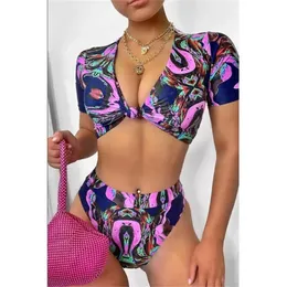 Split Printed Designer Bikini Push Up badkläder Bikini Vest Swimsuit Women High midja Half ärm Sexig baddräkt 220622