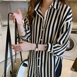 봄 여름 한국 디자인 느슨한 줄무늬 셔츠 S 얇은 레트로 긴 소매 시폰 블라우스 버튼 카디건 옷 여성 220714