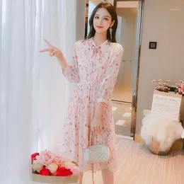 Casual Jurken Herfst Roze Bloemen Chiffon Strand Midi Jurk 2022 Lente Korea Vintage Geplooide Elegante Vrouwen Bodycon Party Vestidos