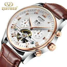 KINYUED Skeleton Mechanical Watch Men Automatic Classic Rose Gold Leather Wrist Watches Reloj Hombre 220530