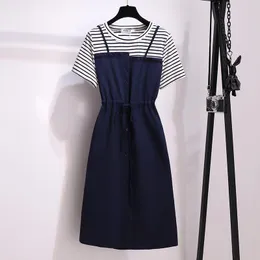 Plus Size Dresses Striped Stitch Short Sleeved Midi 5Xl Large Vintage Casual Robe Spring Summer Clothes Dress For Women'S 2022 Sukienka