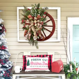 Decorative Flowers & Wreaths Wooden Red Wheel Big Bowknot Imitation Plants Christmas Garland Door Hanging Wreath Thanksgiving Easter Scene L