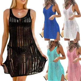 Solid Crochet Bikini Cover Up with Fringe Trim Women Sexy Hollow Tunic Beach Dress Summer Bathing Suit Beachwear 220524