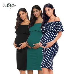 Ruffles off axel moderskap dres klänning baby shower graviditetskläder ruched sidor kroppskonklänningar eleganta 220607