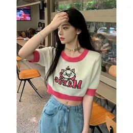 New women's summer fashion short sleeve o-neck knitted cat letter embroidery pattern cute high waist up-navel knits tees SMLXL