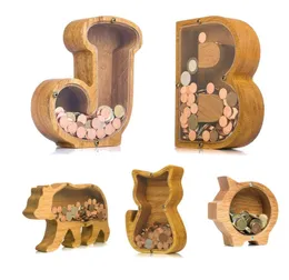 Wooden dinosaur piggy banks Decorative Objects creative letter Bottles transparent Change can English letters Coin Piggy Bank