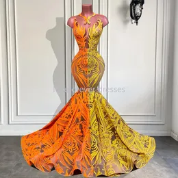 Long Sparkly Prom Dresses 2022 New Arrival Sheer O-neck Orange and Yellow Sequin Black Girls Mermaid Prom Gowns CC