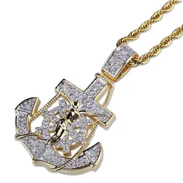 Out Iced Anker-Kreuz-Anhänger-Halskette, zweifarbig, mit Mikropavé, kubischer Zirkon, Herren-Hip-Hop-Schmuck2571