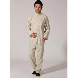 メンズトラックスーツ中国語の男子ソリッドジャケットトラウザースーツカジュアル服高品質のコットンリネンウーシュイチーシセットマンズメンズメ