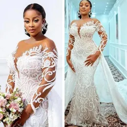 Plus Size Lace Mermaid Wedding Dresses 2022 With Detachable Train Sheer Long Sleeves Beaded Lace Appliqued Bridal Gown Custom Made Robe de mariée PRO232