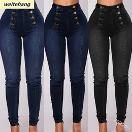 Vintage Skinny DoubleBreasted High midjetpenna Jeans Kvinnor Slim Fit Stretch Denim Pants Full Längd denim Trousare 88 220526