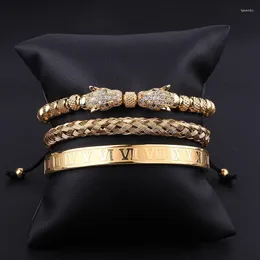 Beaded Strands High Quality Luxury Bracelet Set Stainless Steel Roman Bangle CZ Leopard Charm Jewelry Handmade Macrame Bracelets Men Gift Fa