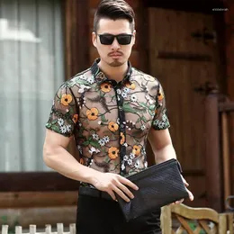 Mäns casual skjortor Summer Mens Fashion 2022 Hawaiian Short Sleeve Flowers Transparent Se genom Mesh Dresses Large Sizemen's Eldd22