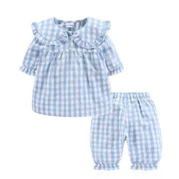 Girls Sleeping Clothes Sets Plaid Pattern Casual Style Kids Homewear Suits Short Sleeve Top and Pants 2pcs Pajamas for Children 220706