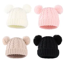 Baby Mädchen Gestrickte Beanie Cap Kind Häkeln PomPom Beanies Hut Doppel Fell Ball Hüte Kinder Stricken Outdoor Schädel Kappen Kleinkind infant Zubehör M4189