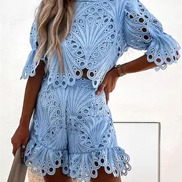 Women Two Pieces Sets Sexy Hollow Tracksuits Shirt With Mini Shorts Fashion Clothing Outfits Summer Lace Puff Sleeve Shorts Suit 220713