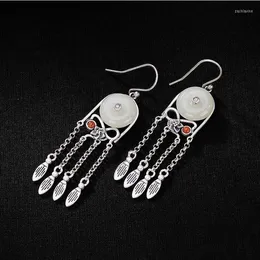 Original Design Natural Hetian Jade Safe Buckle Tassel Luxury Earrings Chinese Retro Aristocratic Charm Women's Silver Jewelry Dangle & Chan