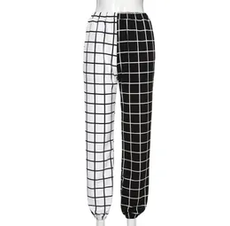 Hight Waist Straight Loose Long Trousers Streetwear Cool Girls Black and White Checkerboard Patchwork Cargo Pants 220725