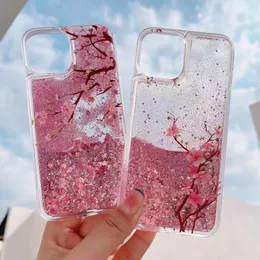 Sakura Quicksand Phone Case Floral Glitter Cases Girls Women Bescherming Bling Liquid Sparkle TPU Bumper Luxe stromende dekking voor iPhone 14 13 12 11 Pro Max iPhone14