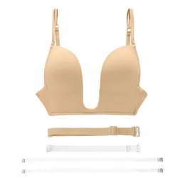 YANDW New Sexy Lingerie padded Push up Bras deep U V plunge women bra intimates Wire free Silicone Double Straps adjustable LJ200821