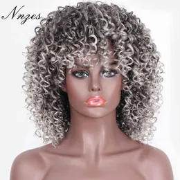 NNZES 14 дюймов Afro Kinky Curly Wig Ombre Black Grey с челкой синтетической длинной для женщин 220707