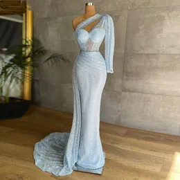 Blue Mermaid Sparkling Prom Dresses Princess One Shoulder One Long Sleeve Appliciques paljetter Lace Ruffles Fashion Floor Längd festklänningar plus storlek skräddarsydd