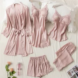 5 sztuk Różowy Jedwabny Robe Sleep Garnitur Kobiet Koronki Satin Piżama Styczna Set V-Neck Cami Nighties Nosić Pijama Home Nightwear Wiosna Piżamy 220421