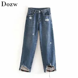 Moda Donna Fori Mamma Jeans Pantaloni lunghi Pantaloni larghi Gamba larga Streetwear Bottoni larghi Denim y Damskie 210515