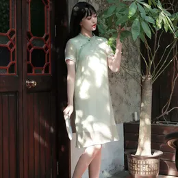 Kvinnors stickor Tees Summer Literary Embroidery Förbättrad kinesisk stil liten stativ krage cheongsam hanfu daglig lös klänning
