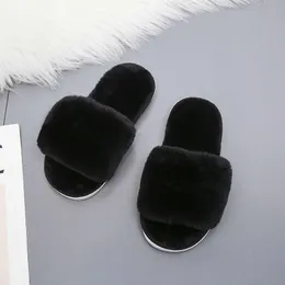 Top Quality Flat House Flats med Winter Kids Designer Slipper For Girl Fluffy Open Toe Baby Plush Slippers Toddler Leopard Furry Slippers Spring Autumn Indoor Shoes