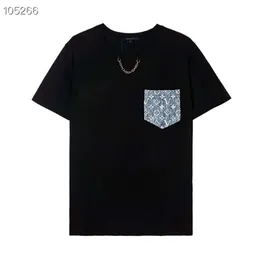 2022 Erkek Tişörtleri İlkbahar ve Yaz Yuvarlak Boyun T-Shirt, Klasik Küçük Zincir + Denim Cep El Sanatları S-2XL