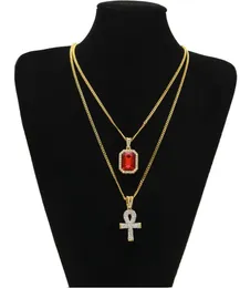 Wholesale-New Designer Egyptian Ankh Key of Life Bling Rhinestone Cross Pendant With Red Ruby Pendant Necklace Set Men Hip Hop