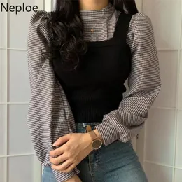 Neploe女性の格子縞のシャツトップスエレガントセットランタンスリーブブラウススリムニットクロップセーターベスト韓国の2つの部分スーツ220407