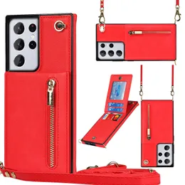 Shockproof Phone Cases for Samsung Galaxy S22 S21 S20 Note20 Ultra Note10 Plus Skin Feeling PU Leather Cross-body Case with Zipper Coin Purse and Shoulder Strap